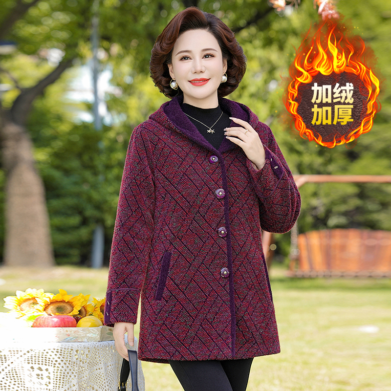 连帽阔太太冬季加绒加厚大衣新款中老年女装妈妈冬装外套保暖棉衣
