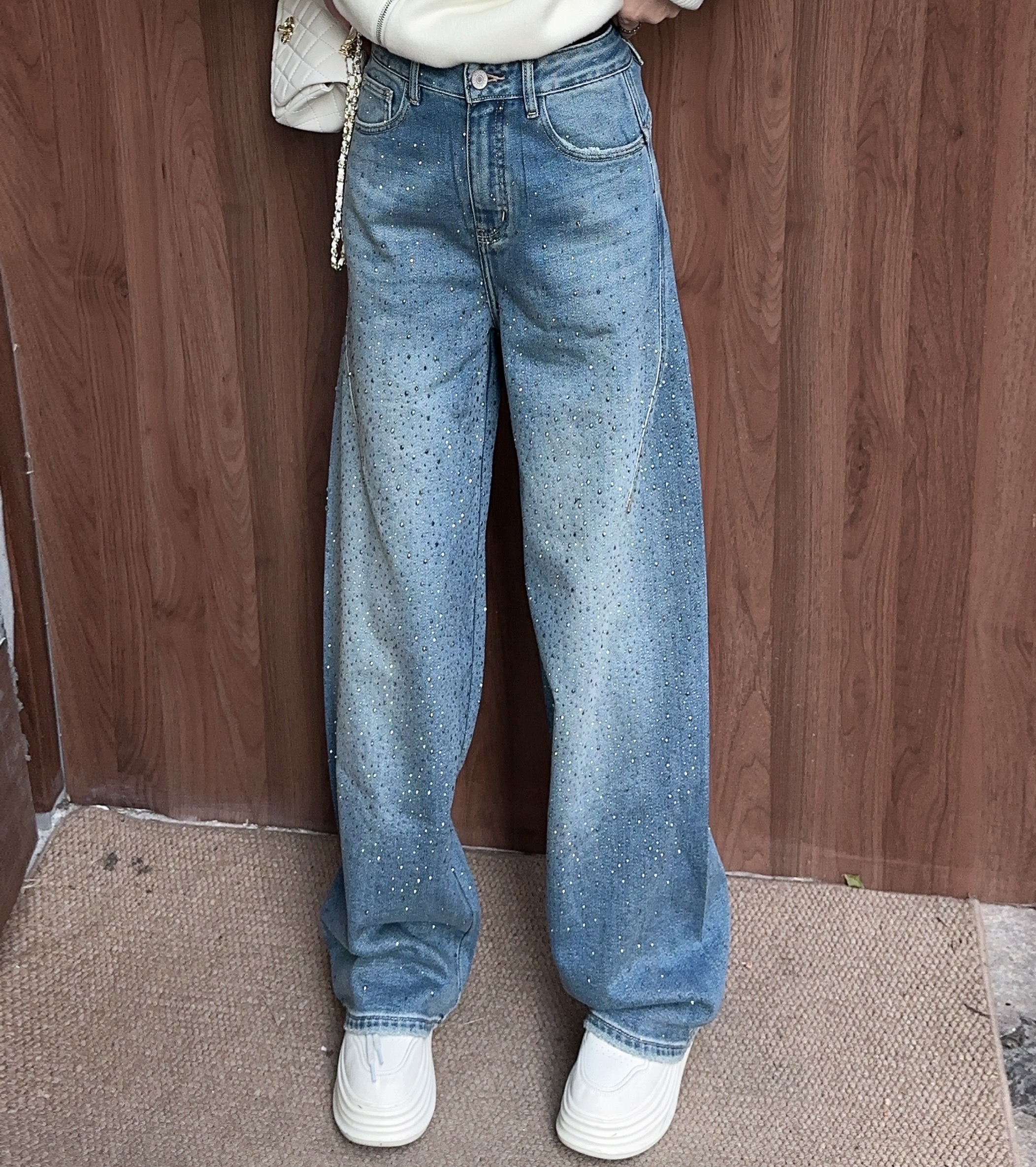 YUANJIE欧洲站高级重工烫钻窄版阔腿牛仔裤女冬季新款加绒直筒裤