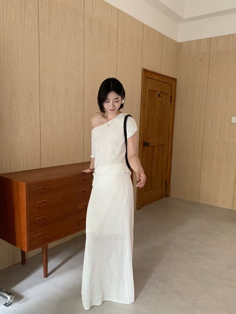 【ÉTRENER】和纸纱凉感针织斜肩短袖上衣针织衫8918