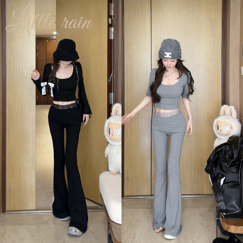 小雨姐姐【慢跑套装】时尚设计感修身U领打底+蕾丝拼接微喇叭裤套装