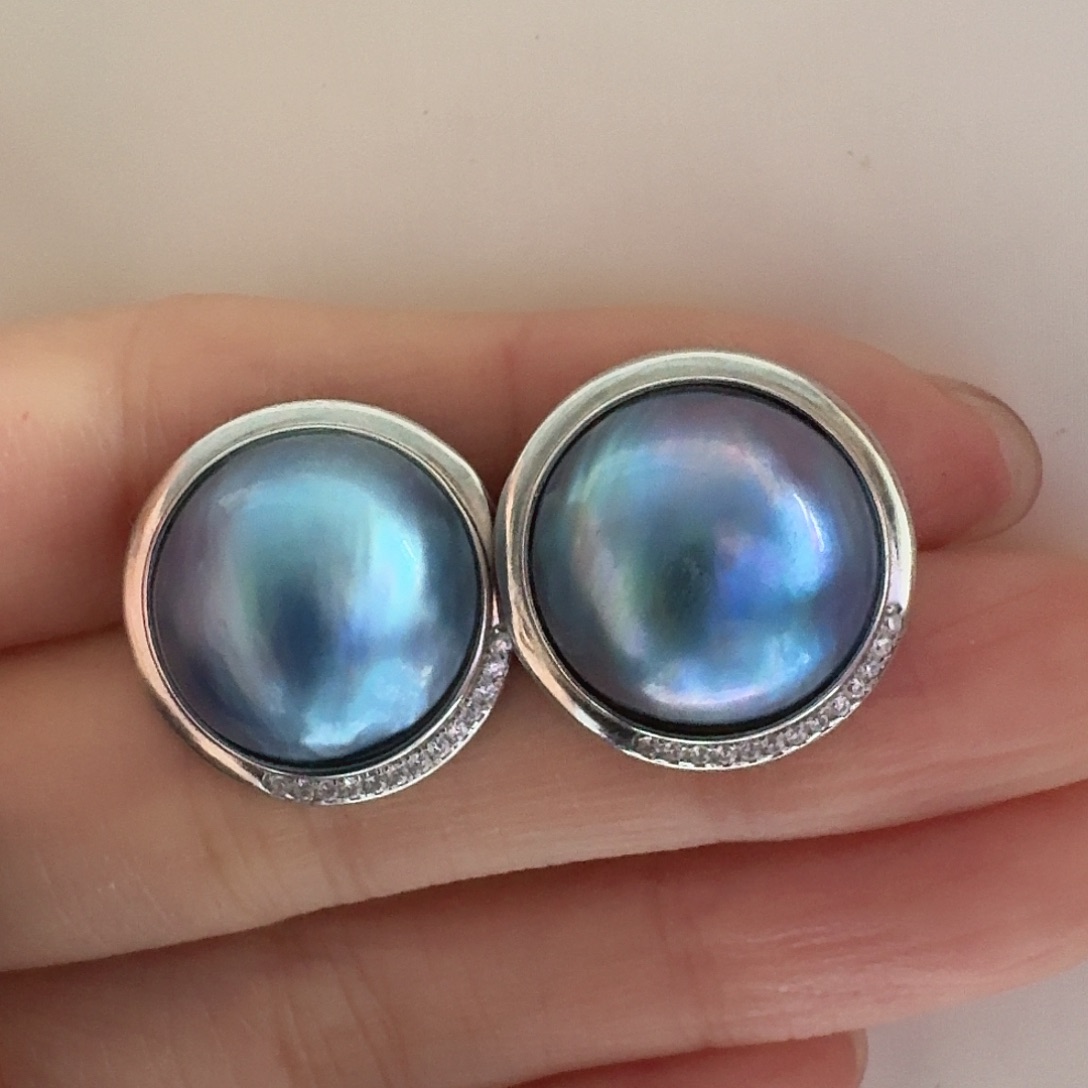 拼合珍珠（马贝珠）耳饰银S925镶嵌15-16mm蓝