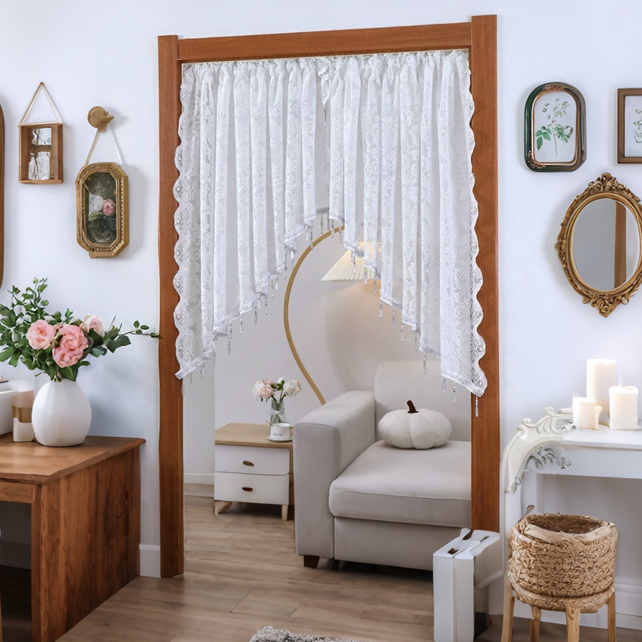 190内小窗帘隔断玄关拱形门帘免打孔吊珠半帘凤尾沙绣钉珠沙帘162