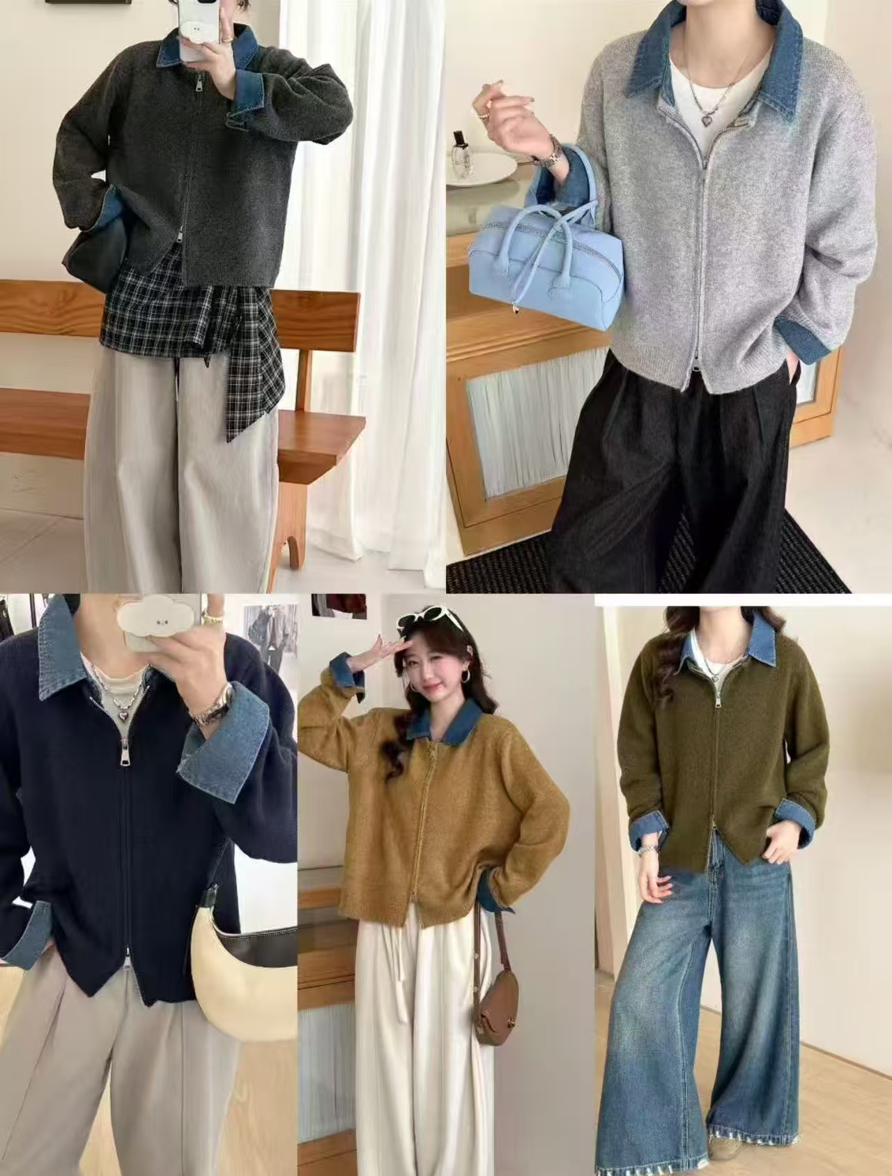 aBL滨莉家【639】秋冬牛仔翻领拼接开衫针织上衣