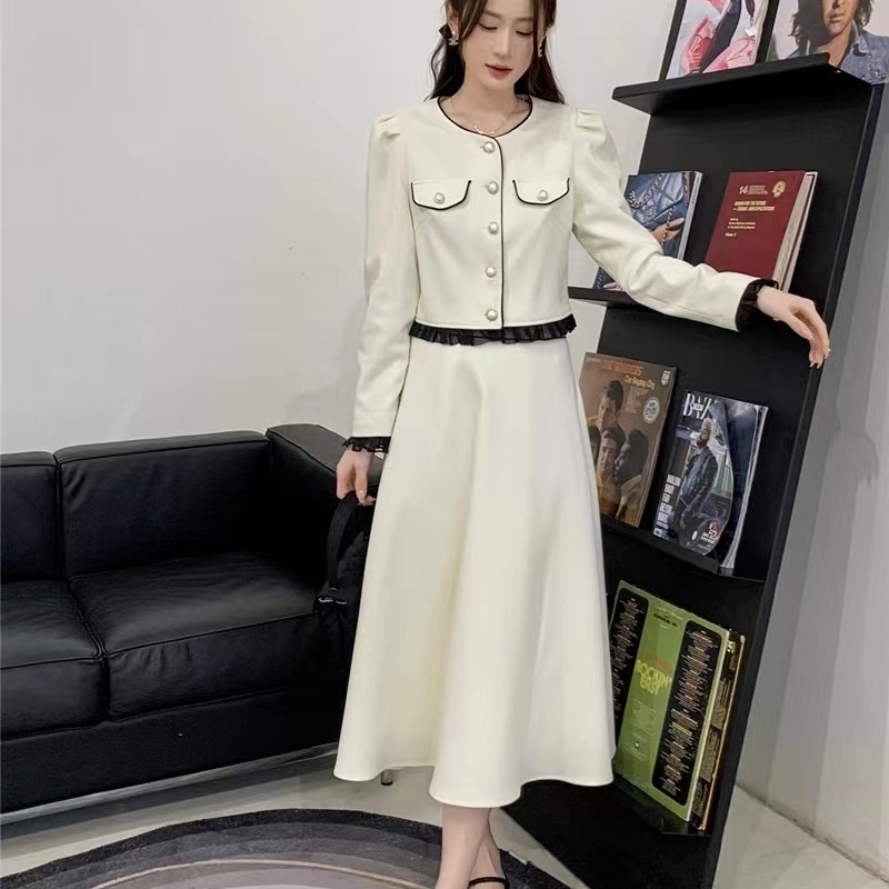 时尚米色小香风圆领上衣外套法式半身裙两件套E8308