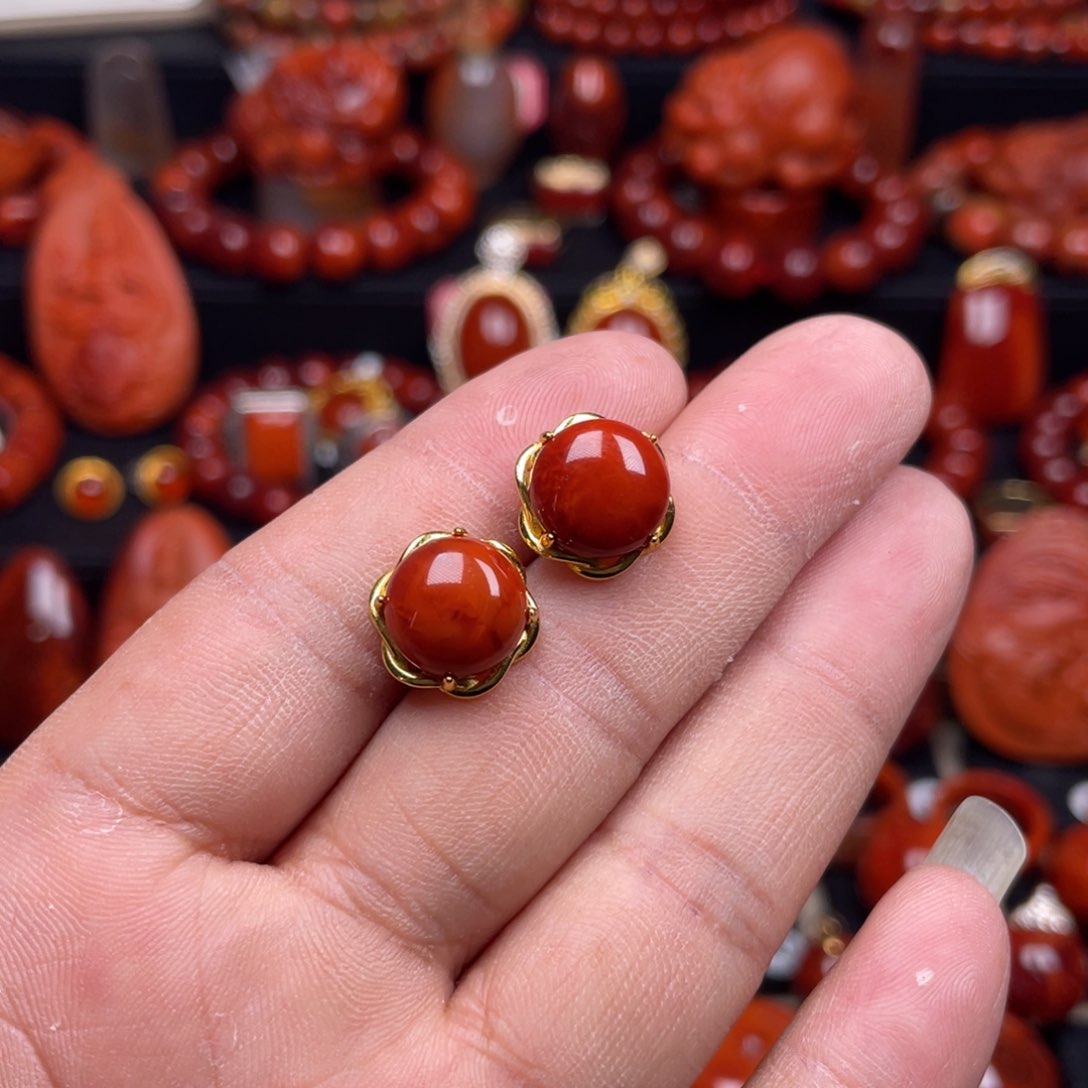 南红玛瑙珠宝奇石银S925镶嵌耳钉