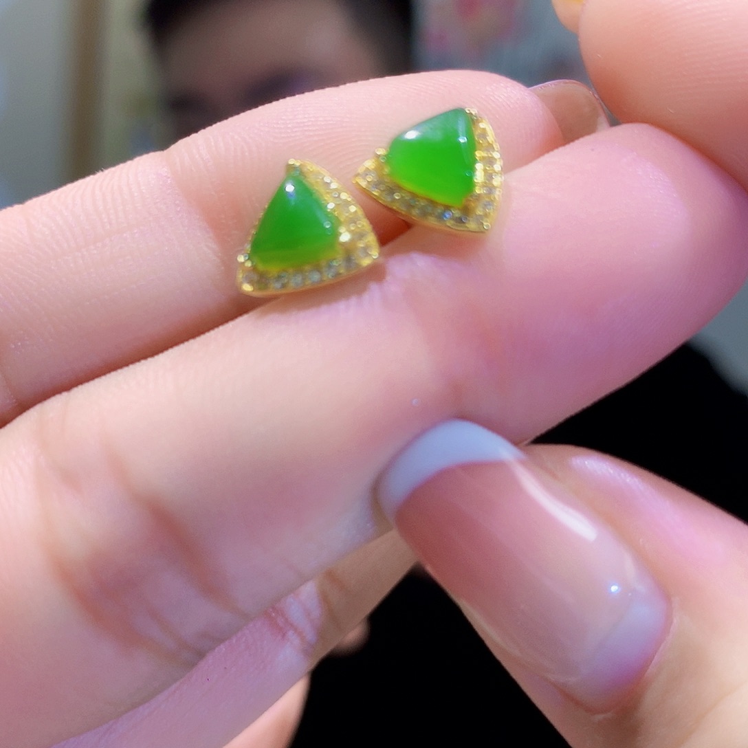 和田玉（碧玉）耳饰银S925镀金镶嵌