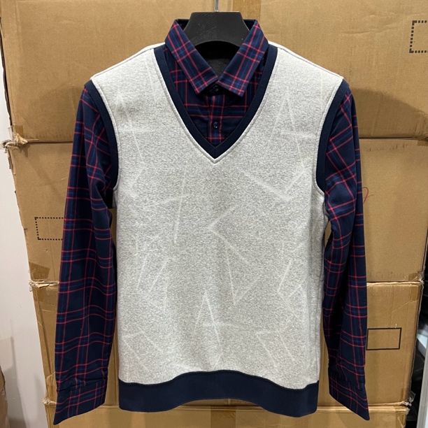 8263撤柜H剪标衬衣领假两件毛衣针织衫秋冬男士加绒加厚红色格子