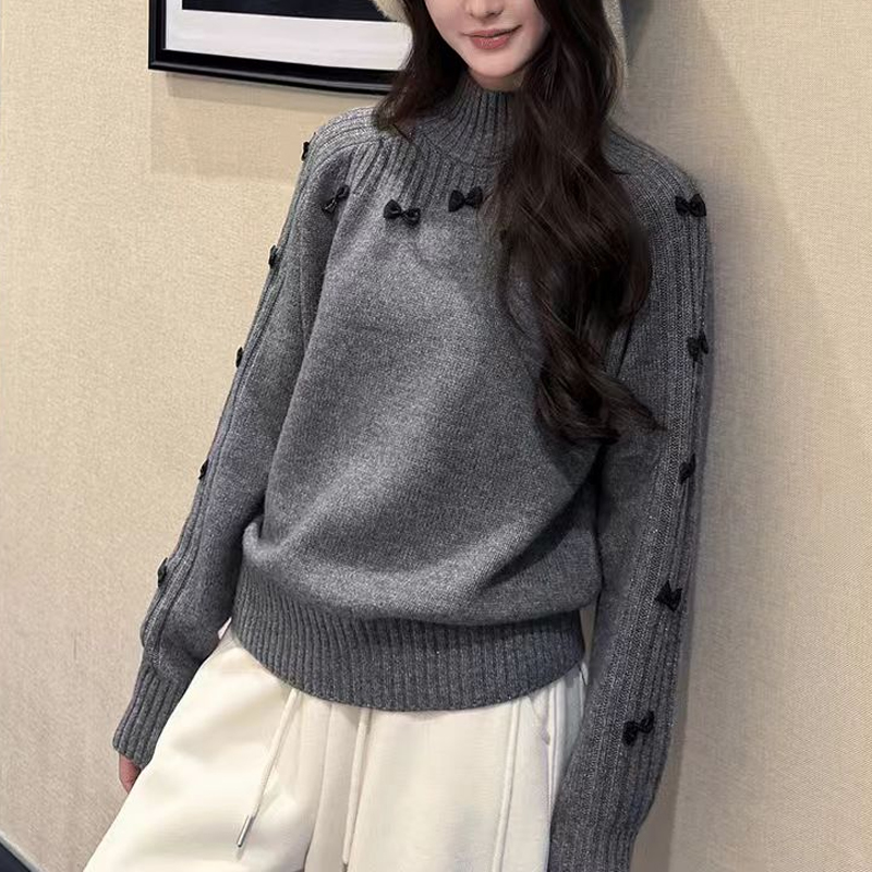 2025年秋冬新款半高领蝴蝶结毛衣女秋冬慵懒风长袖针织衫