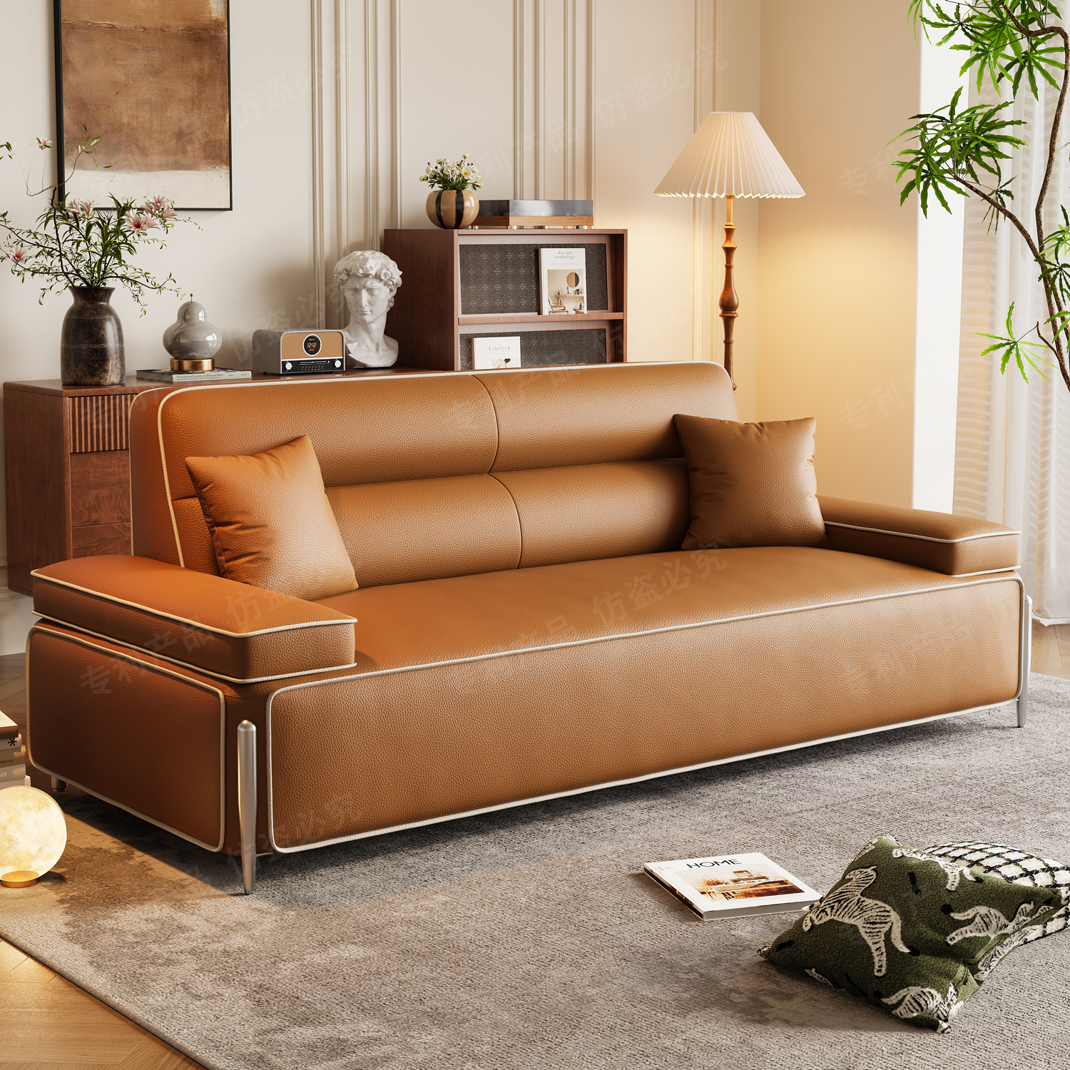 意式简约奶油风防猫抓豆腐块真皮沙发客厅直排家用小户型现代沙发