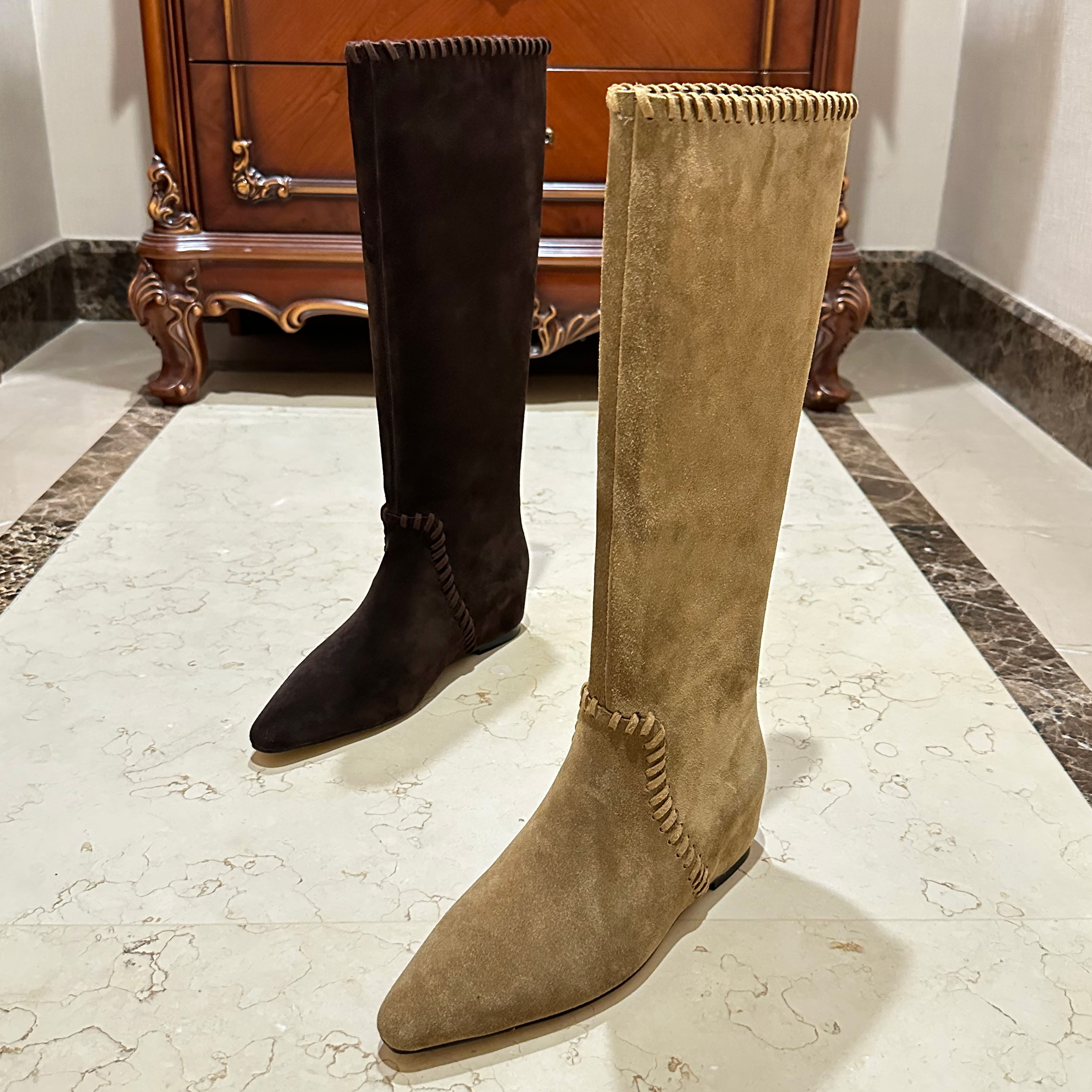 【冬季新款】秋冬时装靴高丝光牛皮长筒女靴高筒靴气质牛仔骑士靴