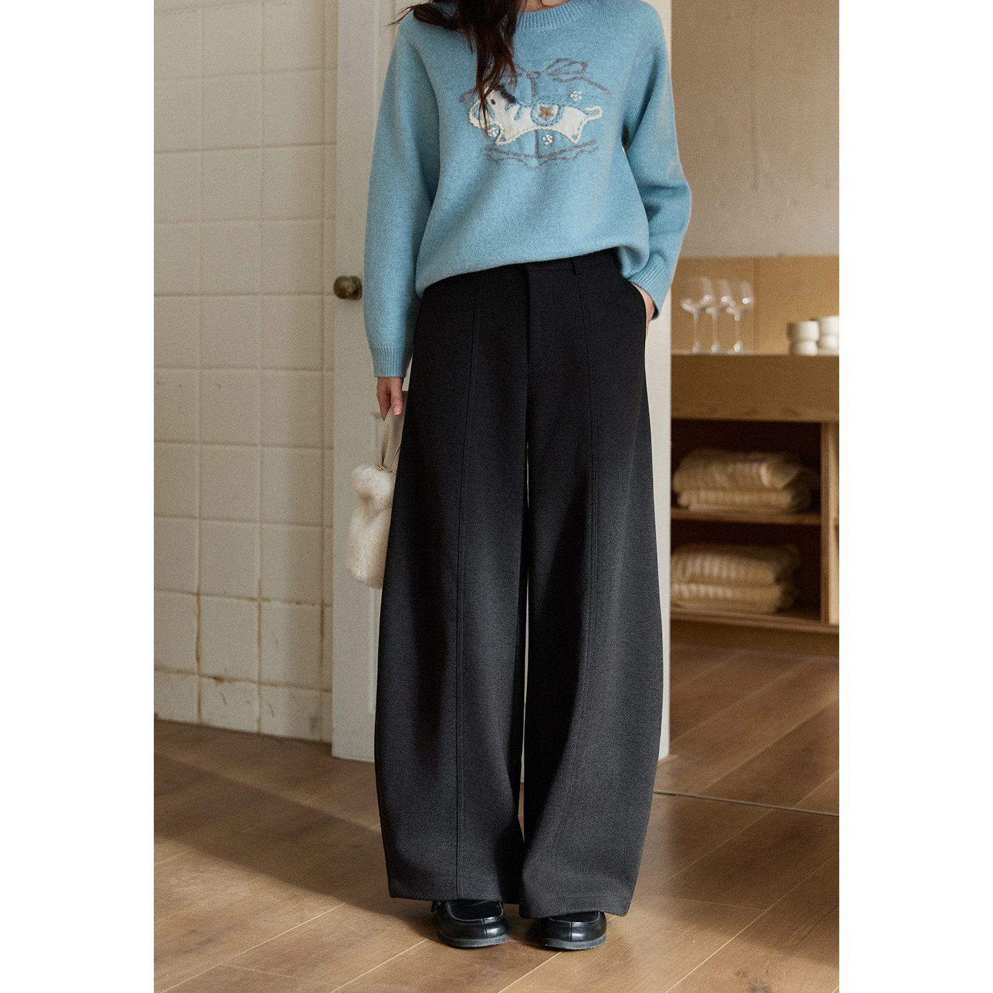 谜秀新品灰色毛呢阔腿裤2025秋冬高腰垂感直筒宽松长裤子春秋显瘦