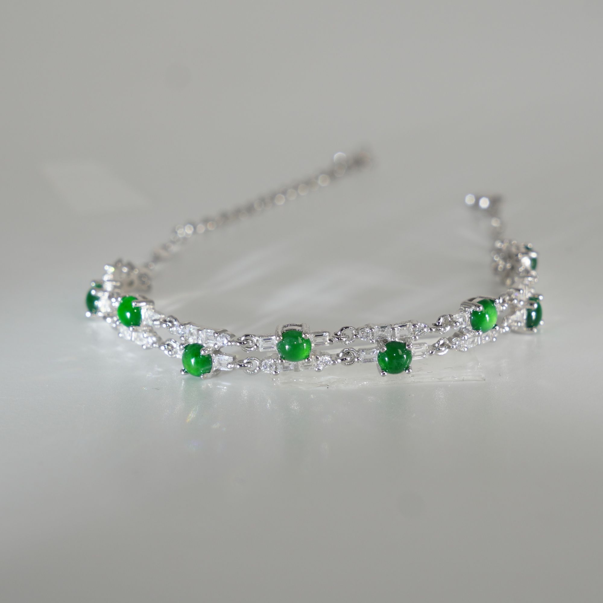 纯天然翡翠a货手链八颗满绿翡翠镶嵌通体s925银豪镶气质手工百搭