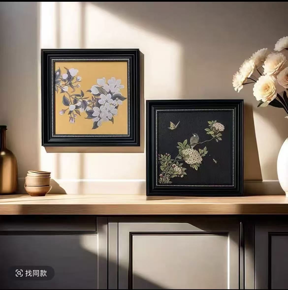 L15中古花鸟登枝书房卧室客厅沙发背景墙挂画砂岩欧框装饰画