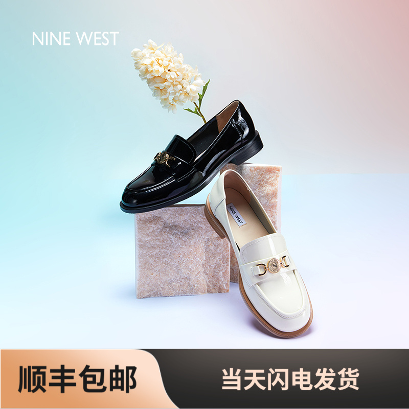 Nine West/玖熙女鞋新款圆头低跟乐福鞋马衔扣平底鞋NF450001FK