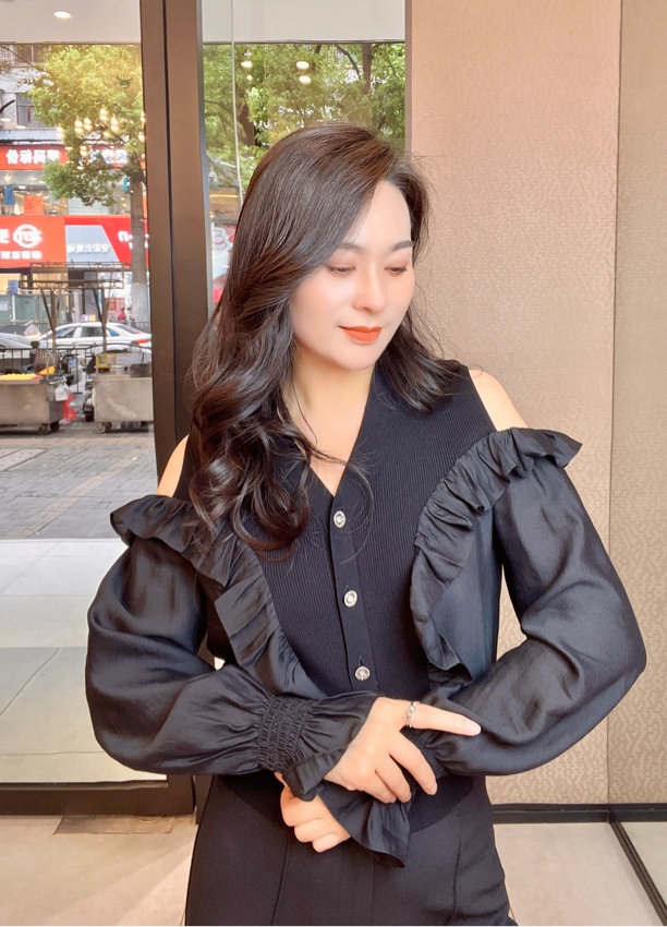 V领H型春季纯色短款常规毛针织衫衬衫泡泡袖秋季法式小众收腰