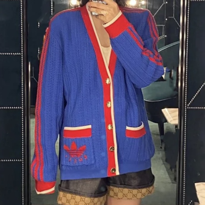 99新 GUCCI/古驰 ww91 FW22联名款Logo嵌花V领单排扣 棉 xs码