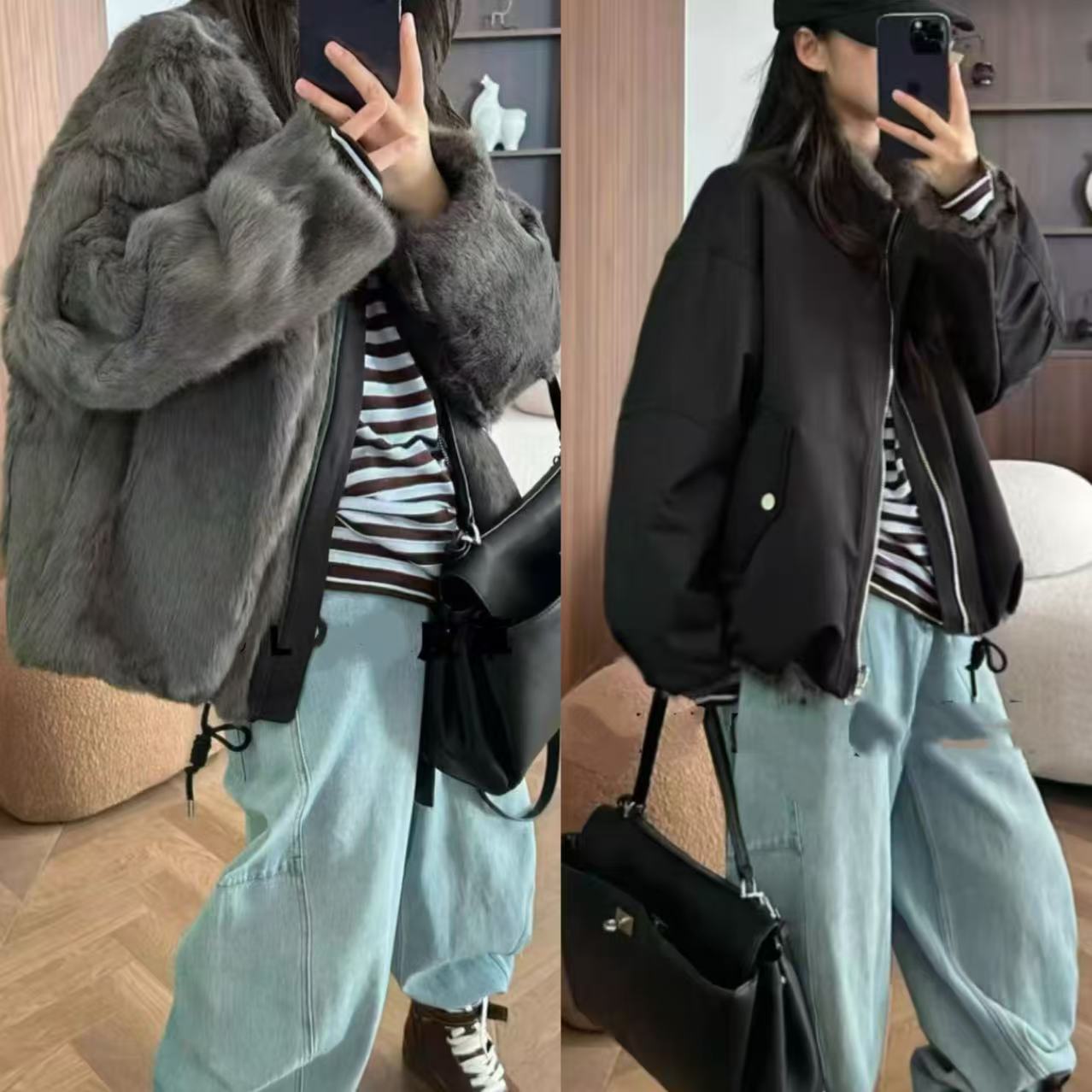 派克服冬季工装立领上衣2025新款双面穿整皮兔毛皮毛一体外套女冬