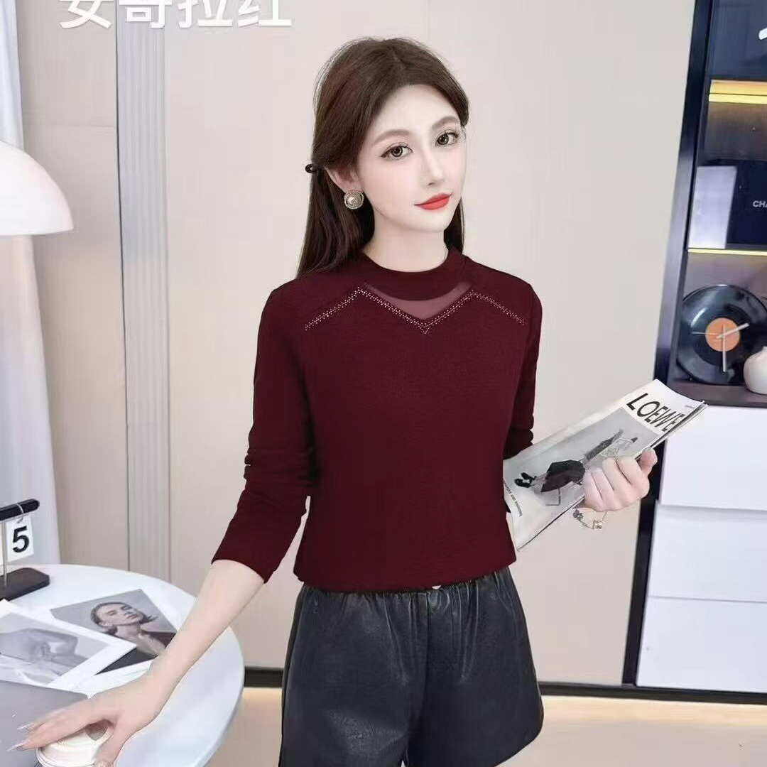 宽松型女士秋冬季时尚烫钻拼色打底衫半高领T恤长袖