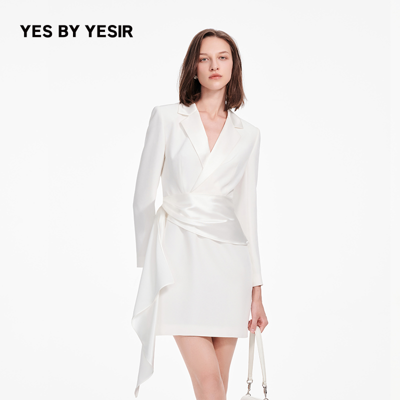 刘亦菲同款YES BY YESIR叶谦设计师品牌静奢荡褶不对称西服连衣裙