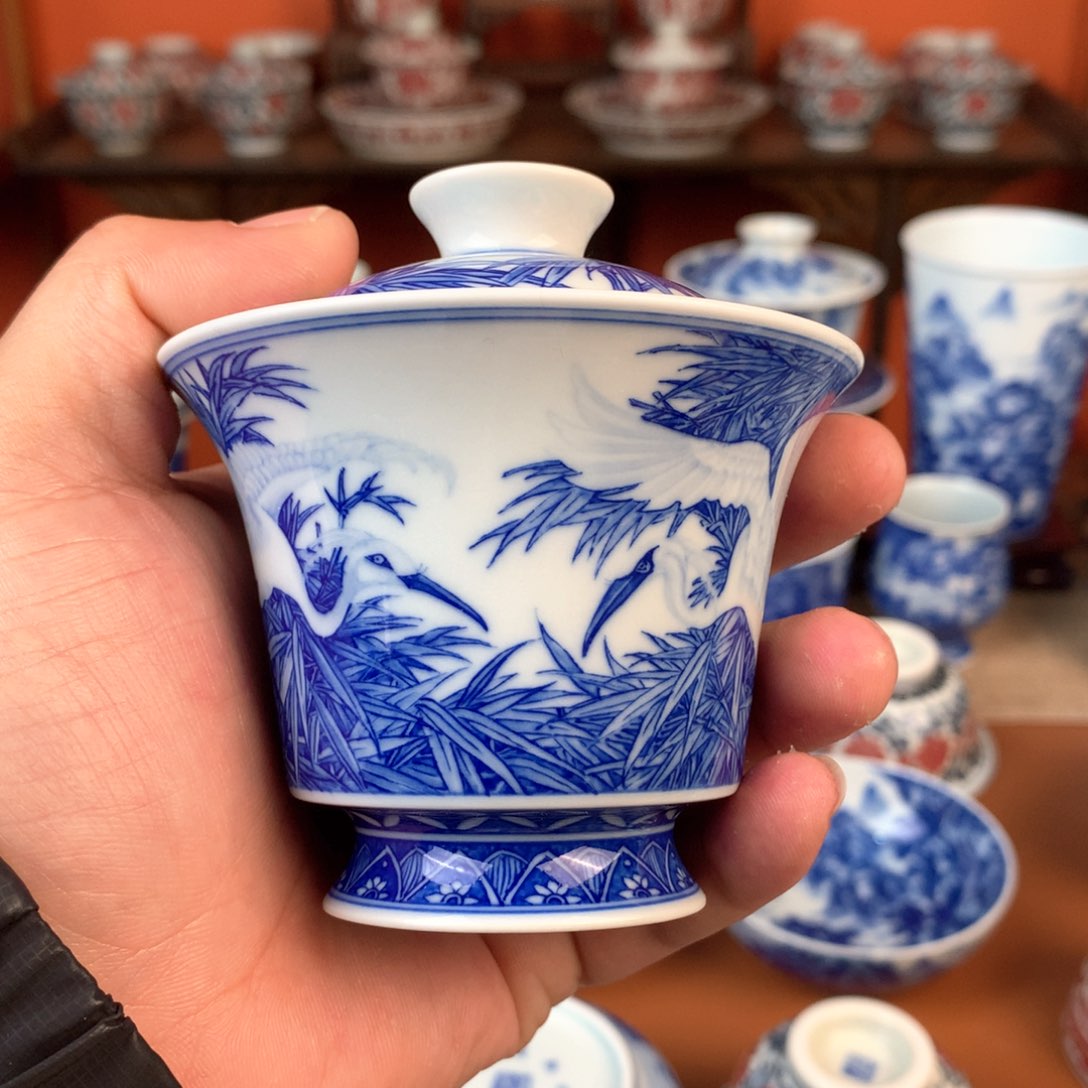 企**帝山水盖碗手工手绘