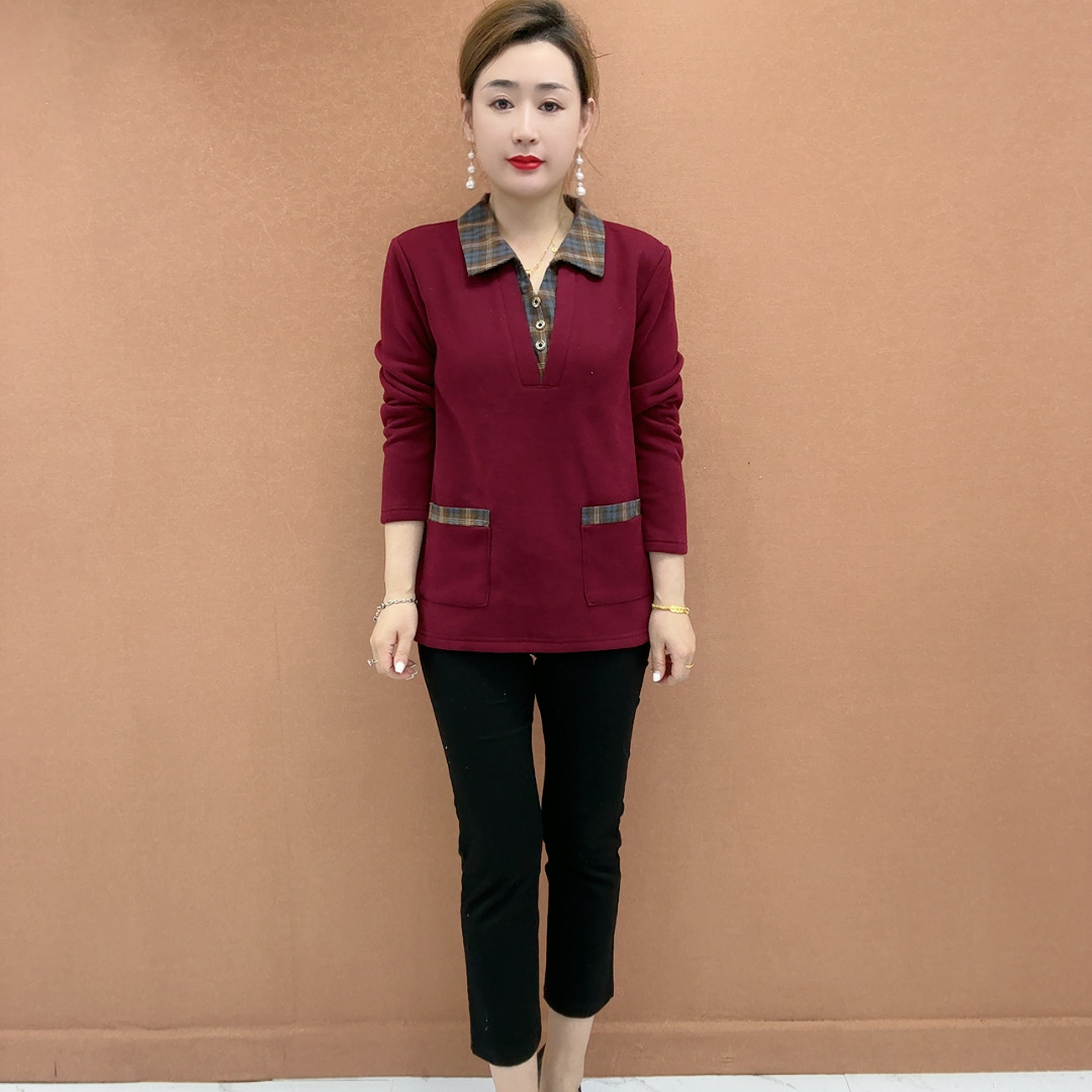 2025加绒加厚假两件长袖宽松遮肉显瘦大码中老年女装衬衫领卫衣