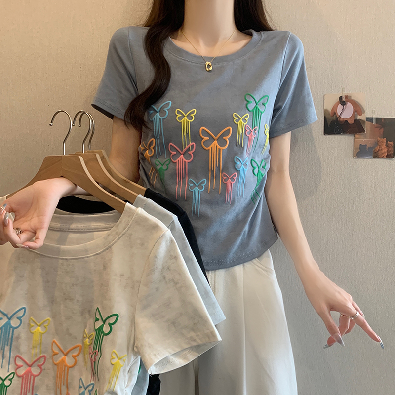 K大码夏季褶皱收腰短袖正肩渐变色蝴蝶印花T恤设计感小众扎染上衣