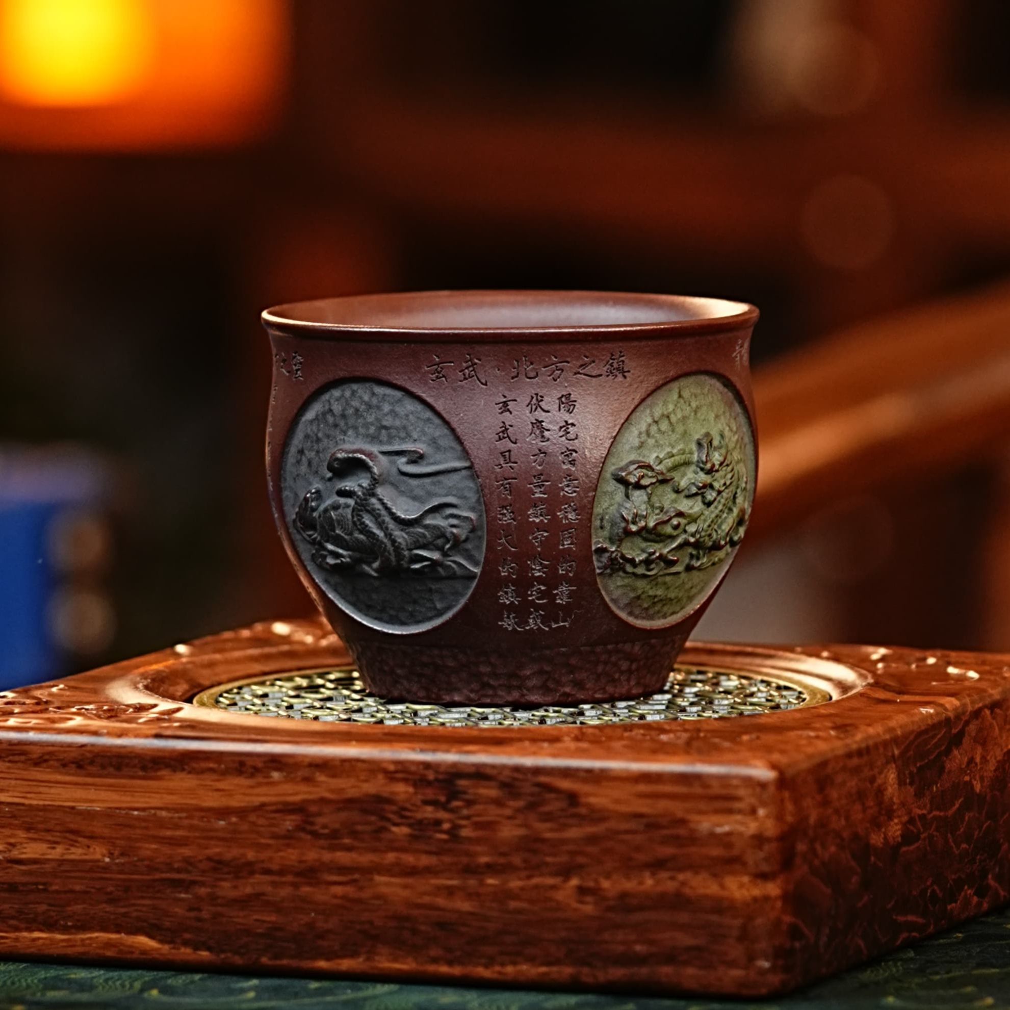 宜兴原矿紫砂全手工创意四大神兽雕刻刻字锤纹主人杯