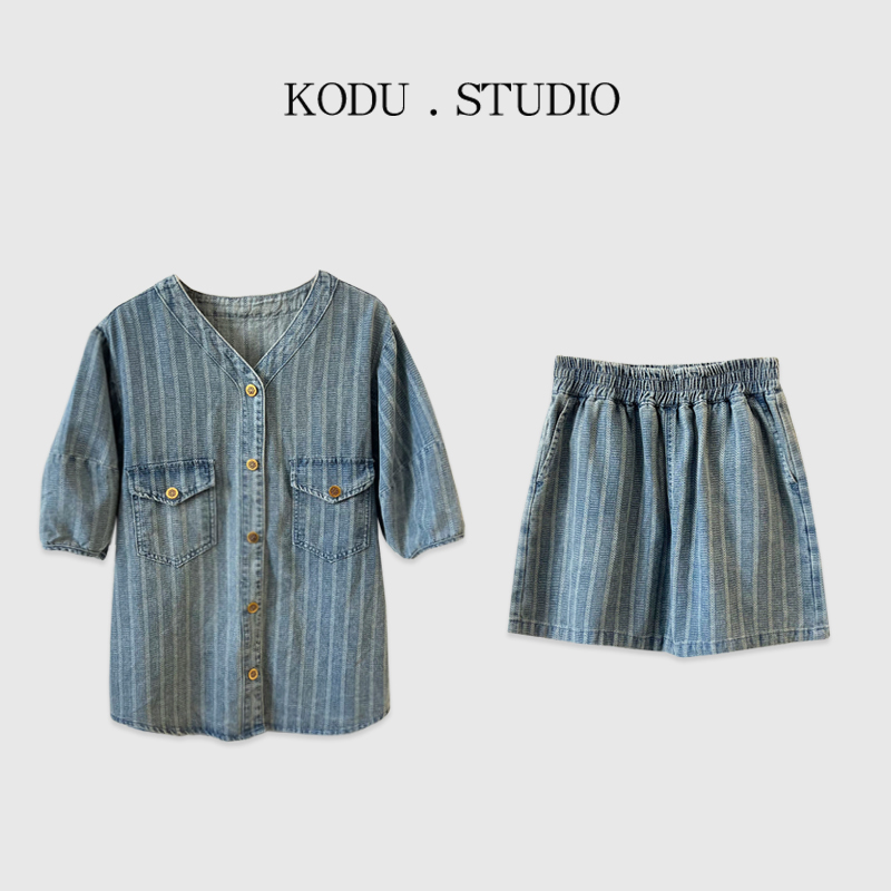 H【刻度KODU】LY-4401夏季法式复古暗纹金属扣V领牛仔短袖+短裤套装
