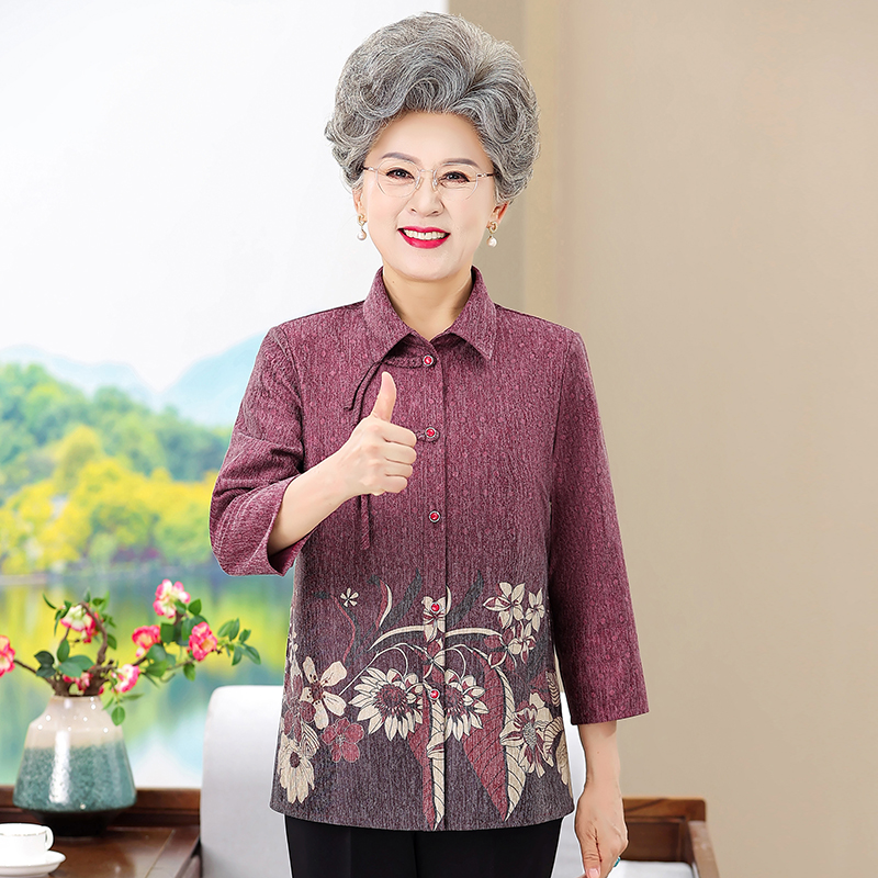 中老年女装时尚奶奶厚衬衫春秋装老年人抽绳长袖衬衣