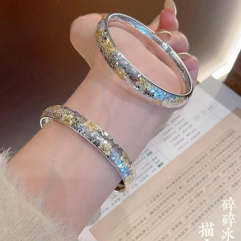 足银手镯 喜宝春花银镀金足银999手镯 梅花碎冰冰手镯