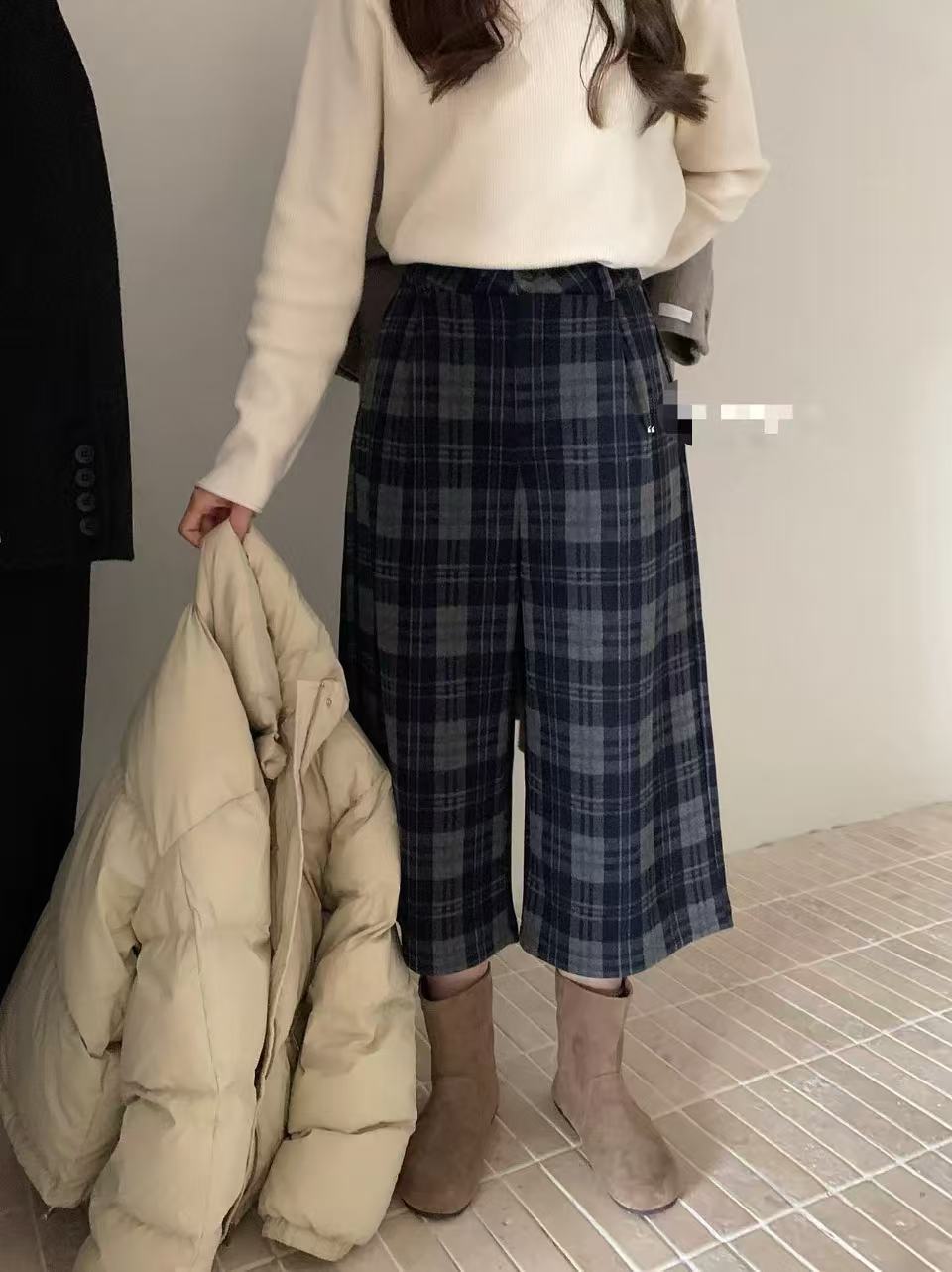 小妳XiaoNi———（冬款格子松紧七分裤1440482）