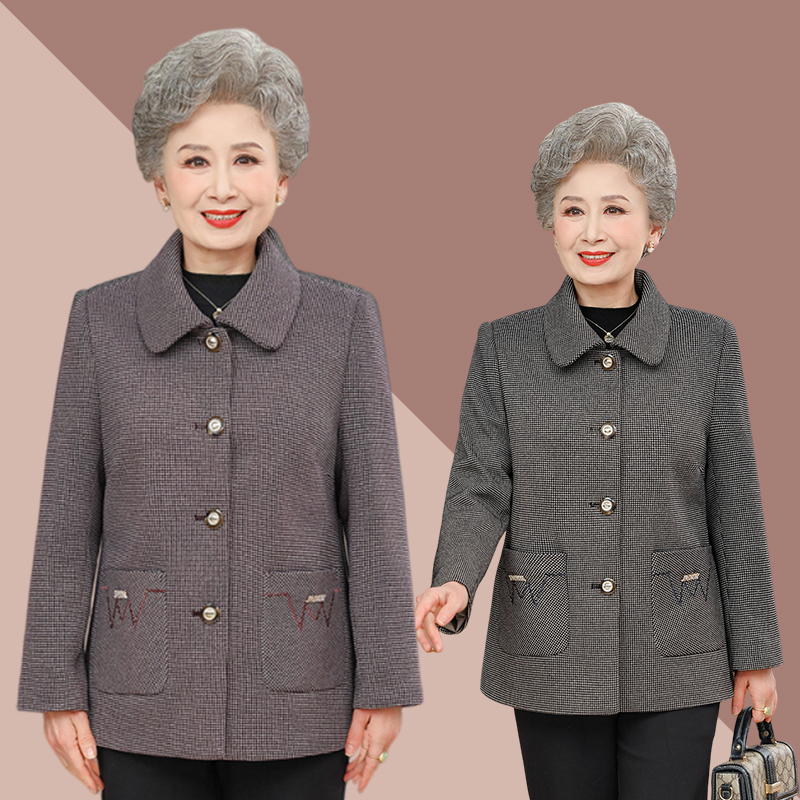 中老年人秋装女外套奶奶装春秋上衣妈妈装翻领格子外套老太太衣服