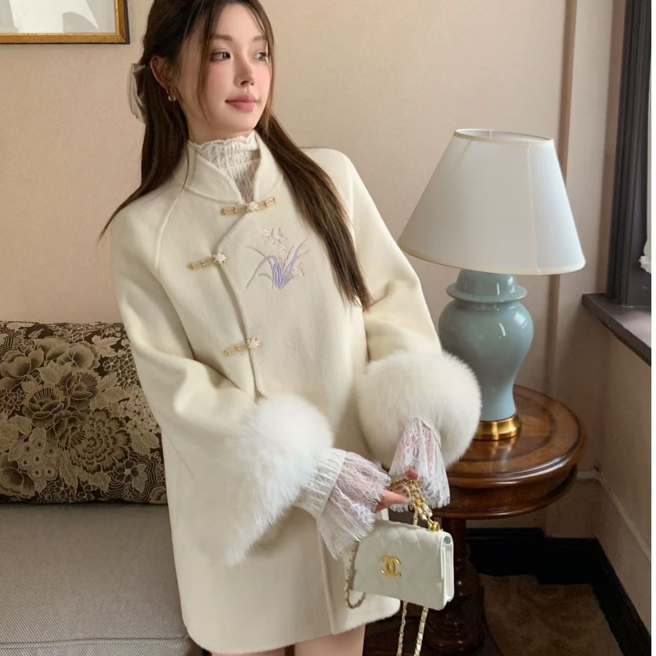 BXM-8816中国风中长款刺绣网红羊毛大衣