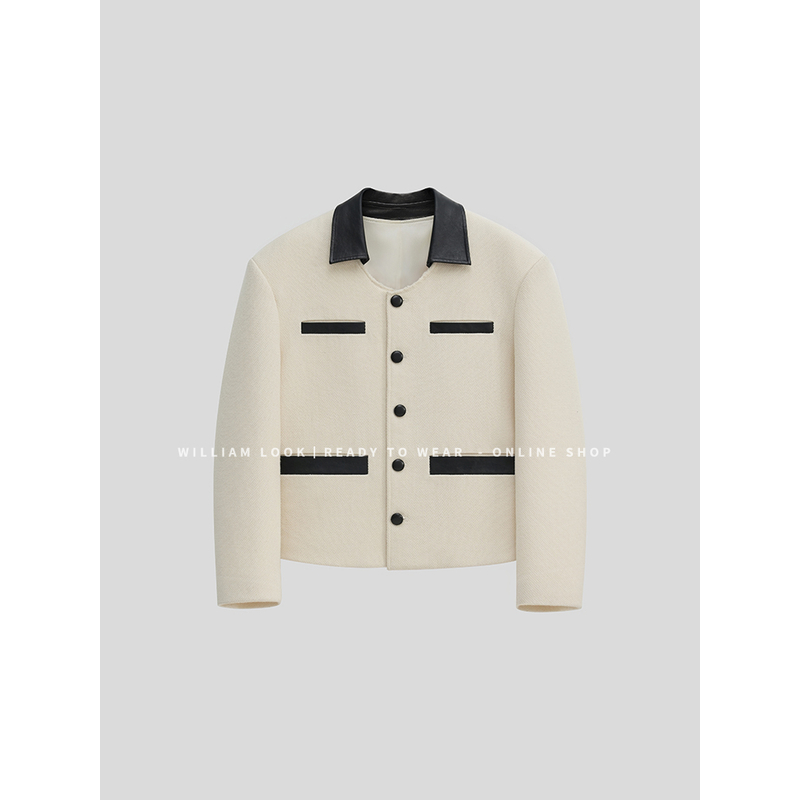 威廉威 男女同款【拼皮呢夹克】拼接设计简约高级翻领小香外套C647