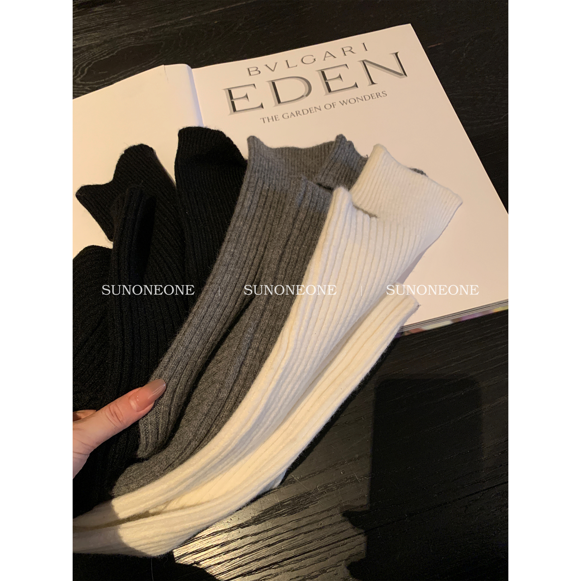 SUNONEONE 显腿长羊毛过膝堆堆袜女秋冬季针织中高筒袜套H0047S