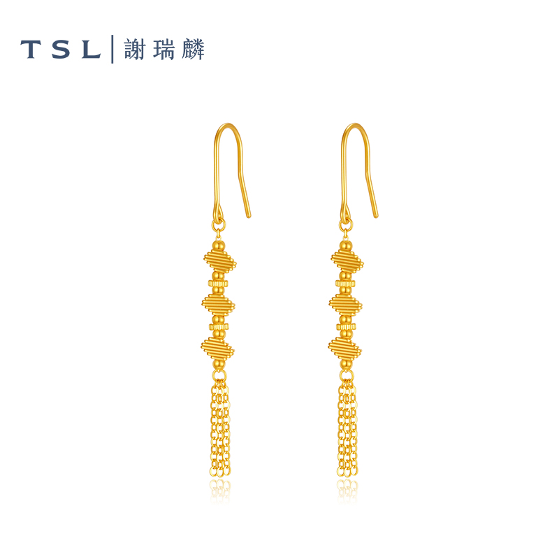 TSL/谢瑞麟计价足金民族风流苏耳钩黄金混搭风复古耳饰