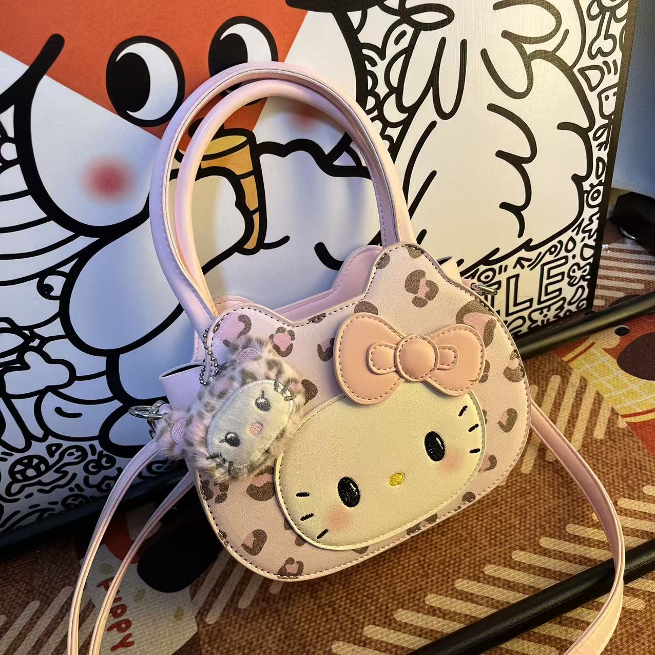 喵喵仙贝【水蜜桃桃】小号粉色豹纹KT手提斜挎单肩包-A208（20*17*8）