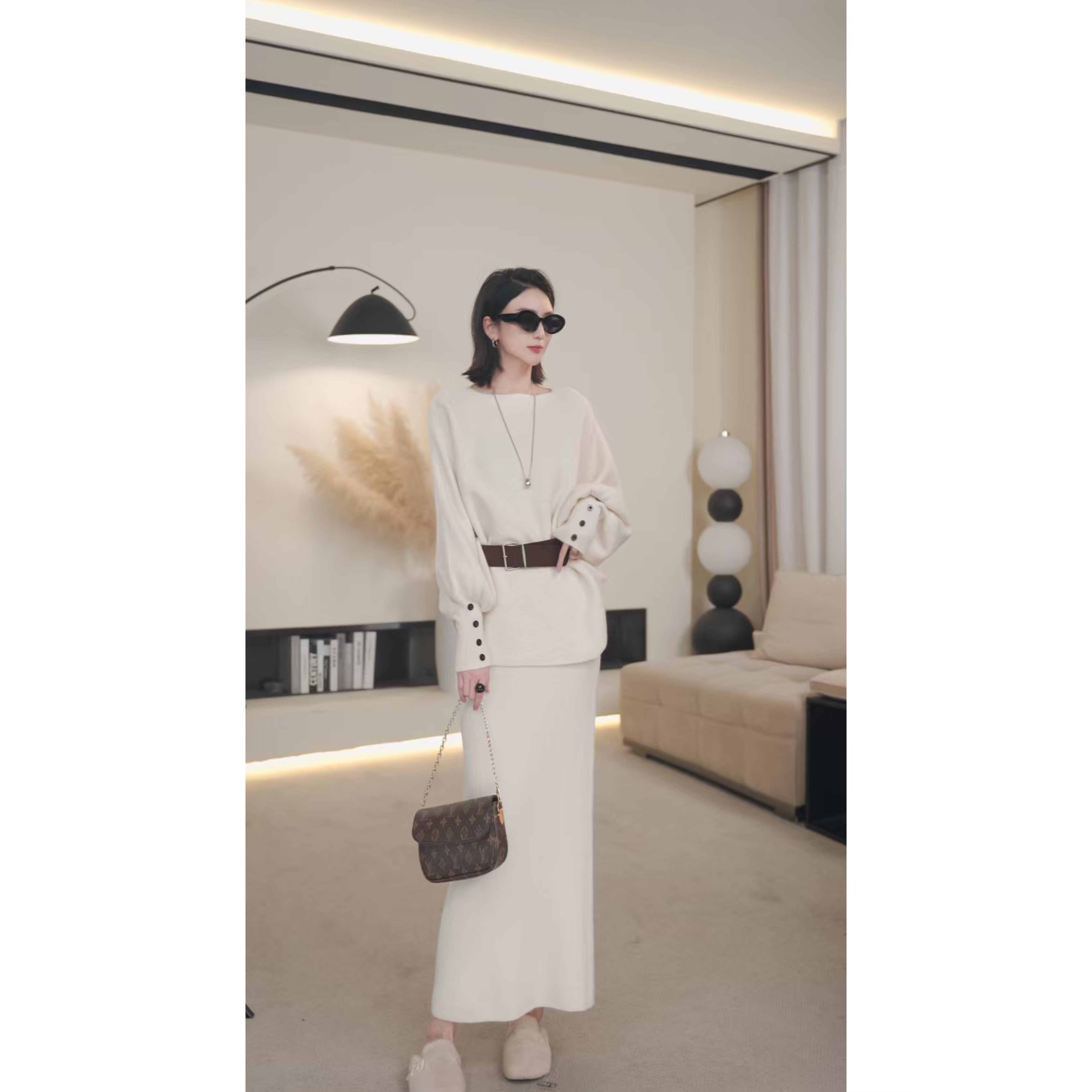 【月月专属】时尚套装秋冬新款毛衣慵懒风针织衫+松紧腰半身裙+腰带