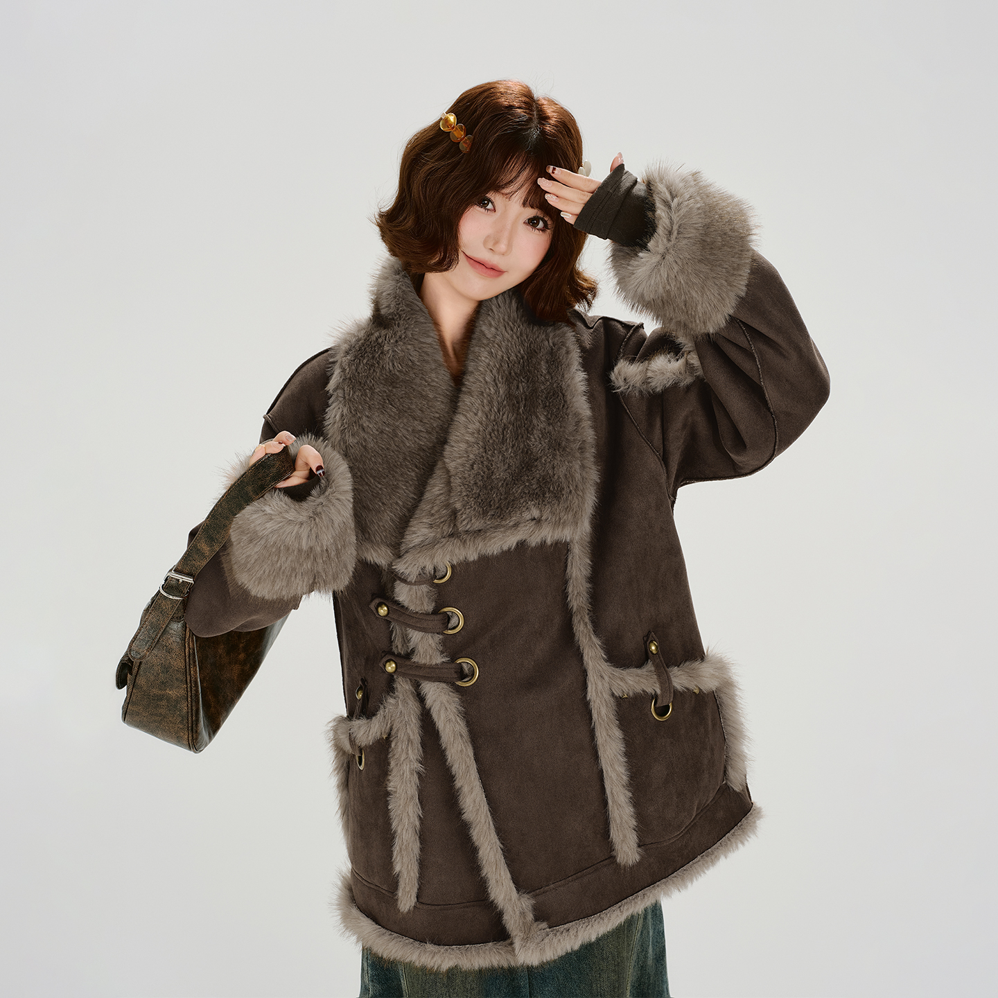新品上新【Girlyhalo】拼接毛绒厚外套91645