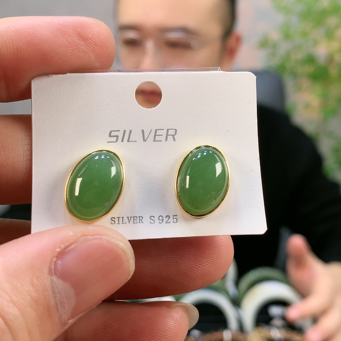 和田玉耳饰银S925镶嵌