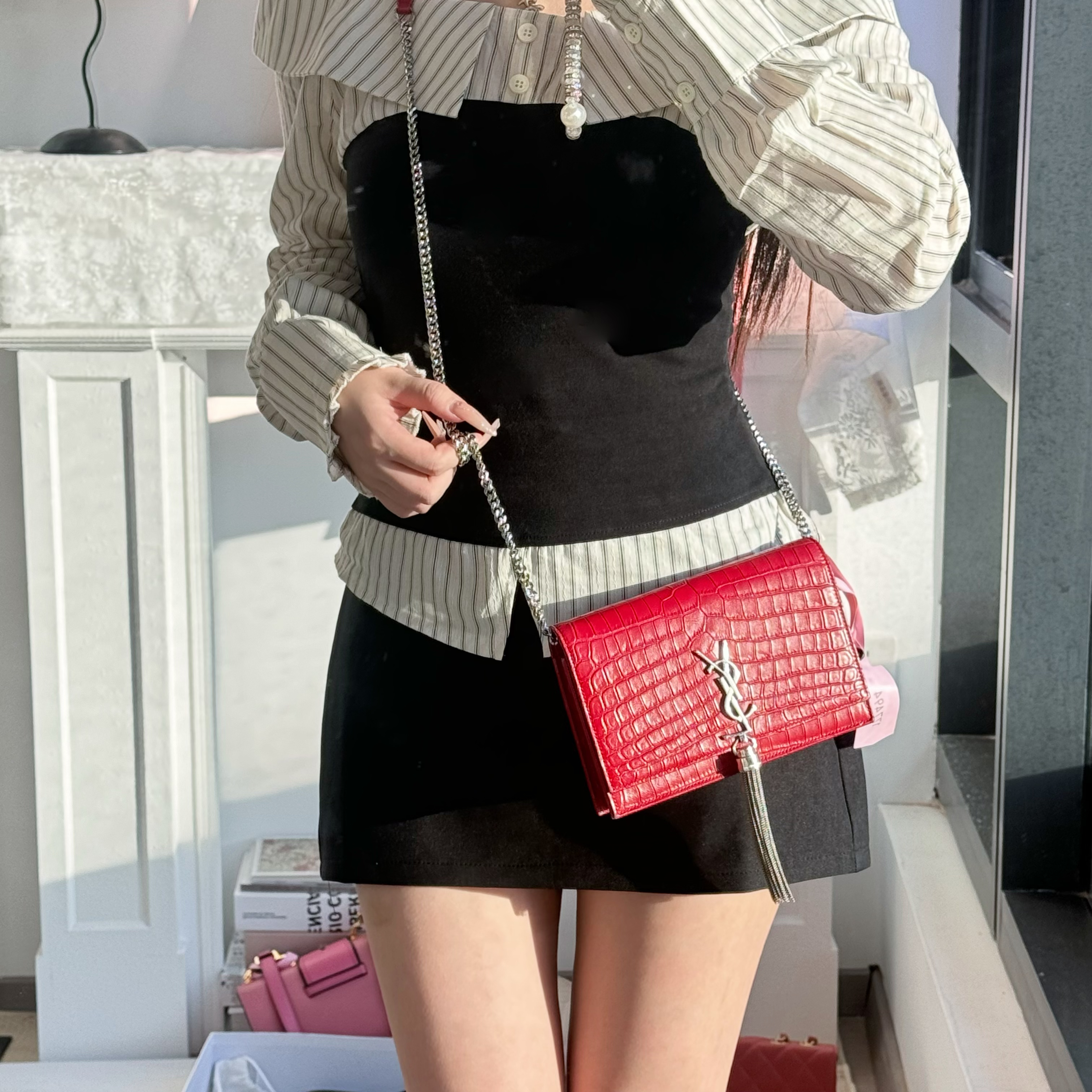 95新 YSL/圣罗兰 ysl红银鳄鱼压纹流苏kate斜挎包