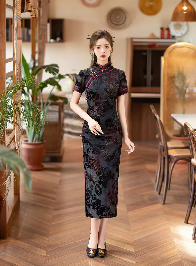 【663】123-125cm金丝绒提花气质旗袍（卡码拍大）