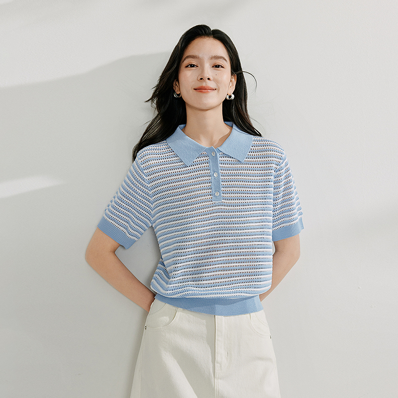 【商场同款新品新品】茵曼2025夏季条纹POLO领薄针织衫时尚百搭短袖