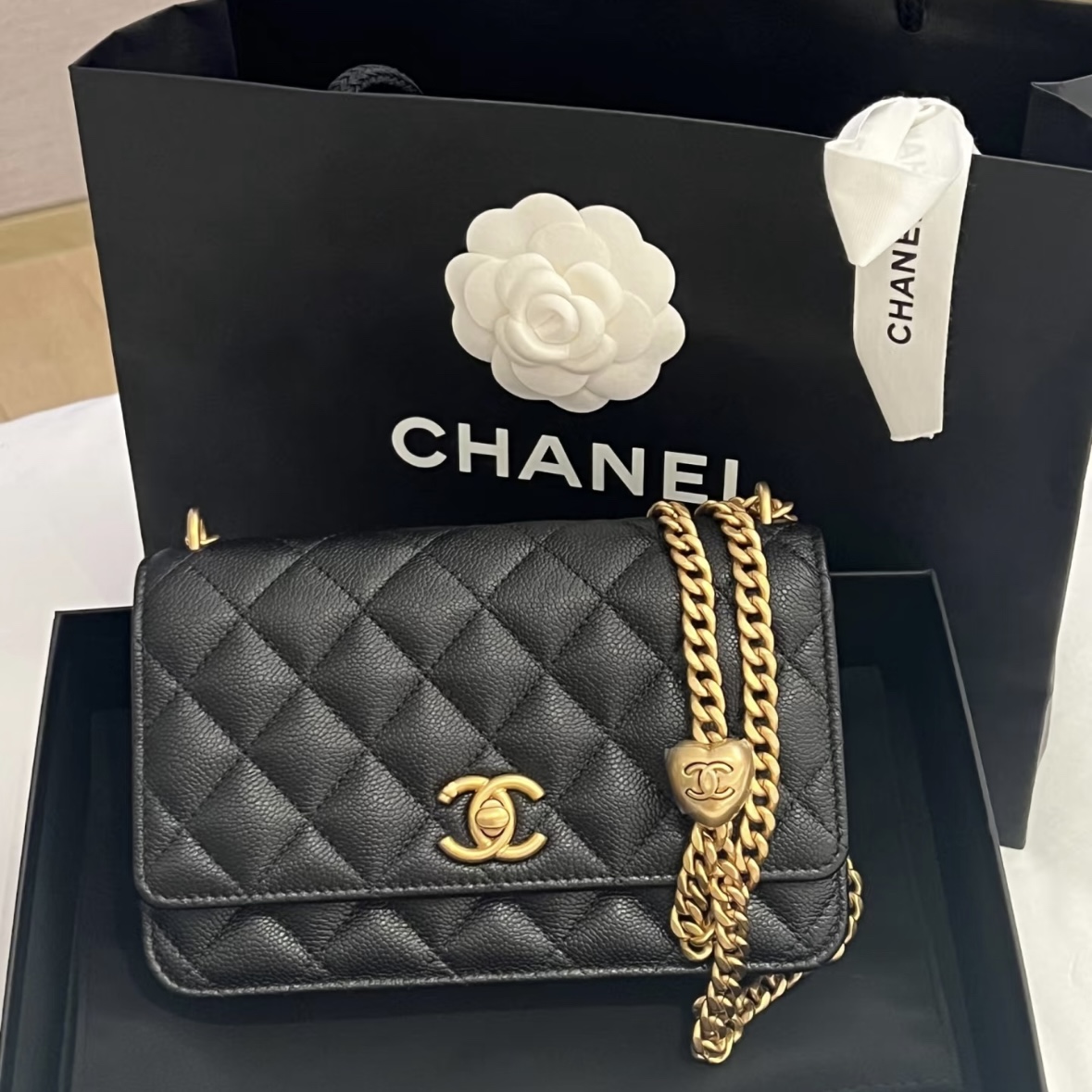 未使用 Chanel/香奈儿 多多奢品/香奈儿黑金爱心WOC荔枝牛斜挎/