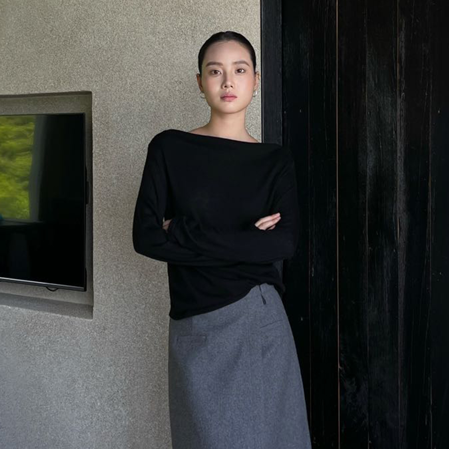 PURITY YH法式一字肩时尚罩衫女秋不规则针织衫百搭洋气打底上衣