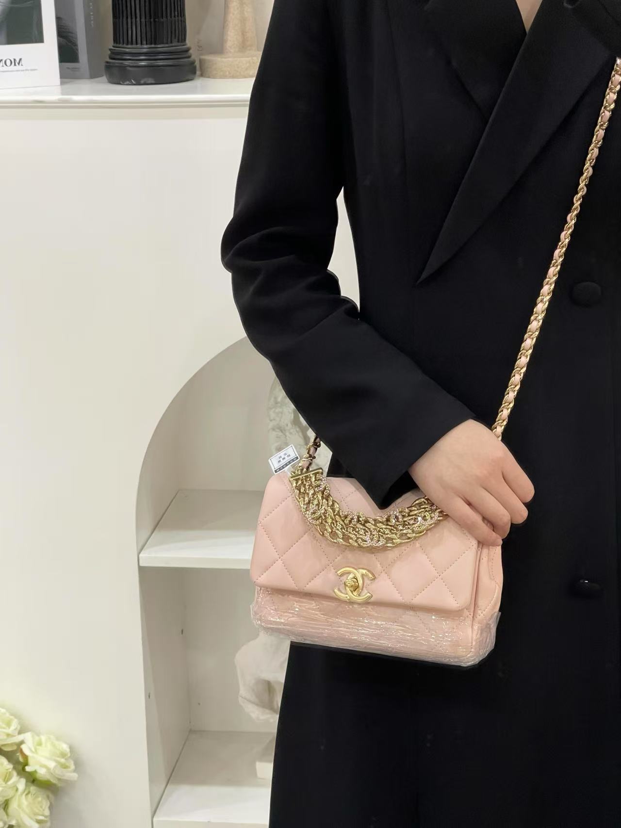 99新 Chanel/香奈儿 24c水钻链条手柄口盖包粉金羊/甄选