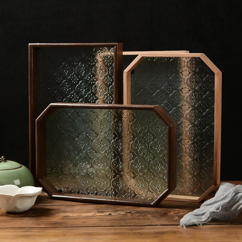 海棠压花玻璃托盘胡桃色长方形茶盘收纳摆件现代风条纹平盘通用木