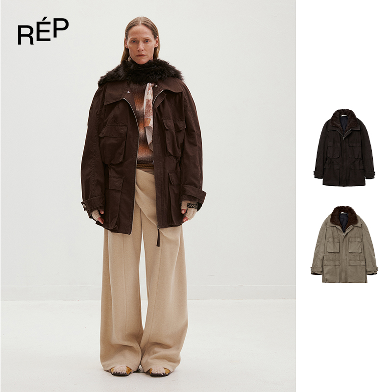 MEDIUM WELL设计师品牌棕/卡其色游牧派克可拆兔毛棉服两件套25FW