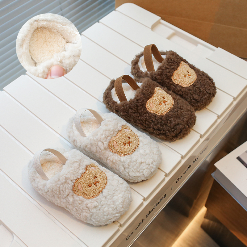 儿童韩版小熊仔毛毛鞋男女童百搭棉拖鞋一脚蹬毛毛拖鞋Y10