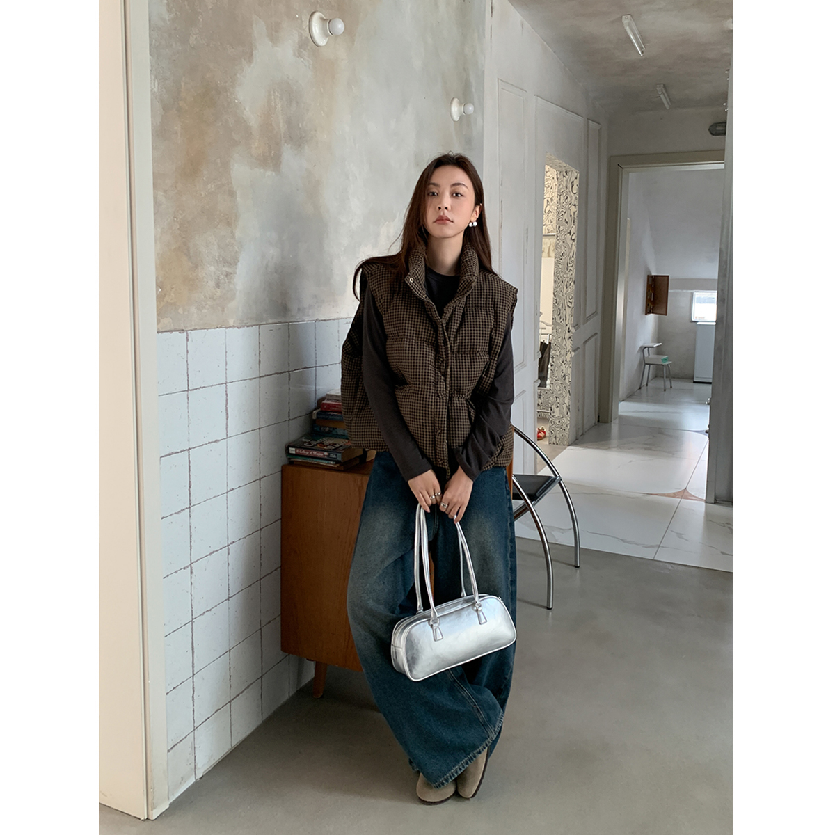 SIXI四喜家 午夜图书馆 复古格纹羽绒马甲女秋冬加厚保暖背心外套